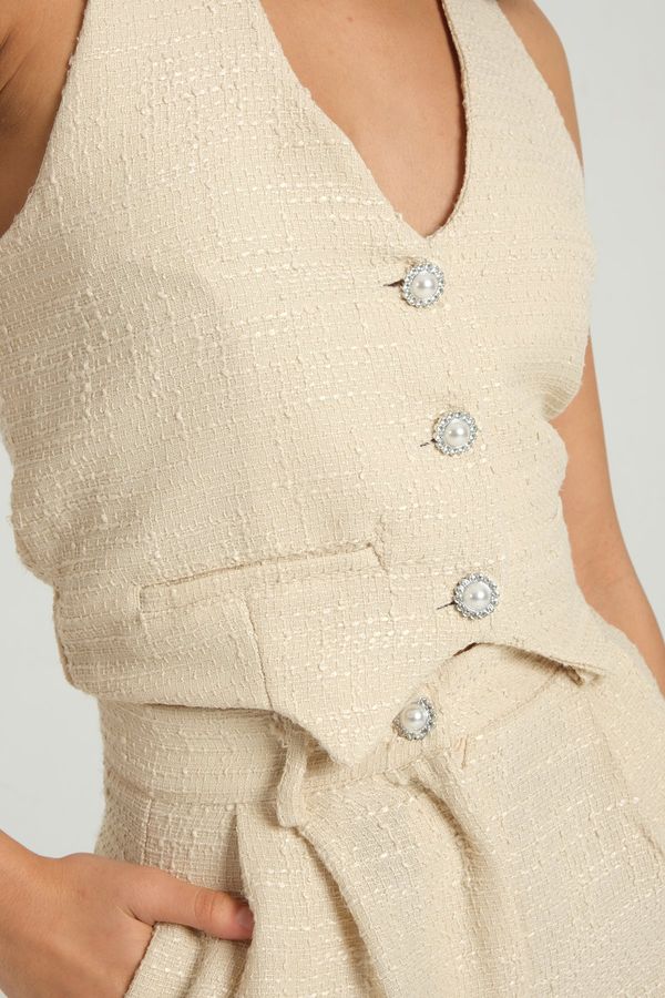 V Neck Tweed Waistcoat & High Waist Wide Leg Trousers Set 6
