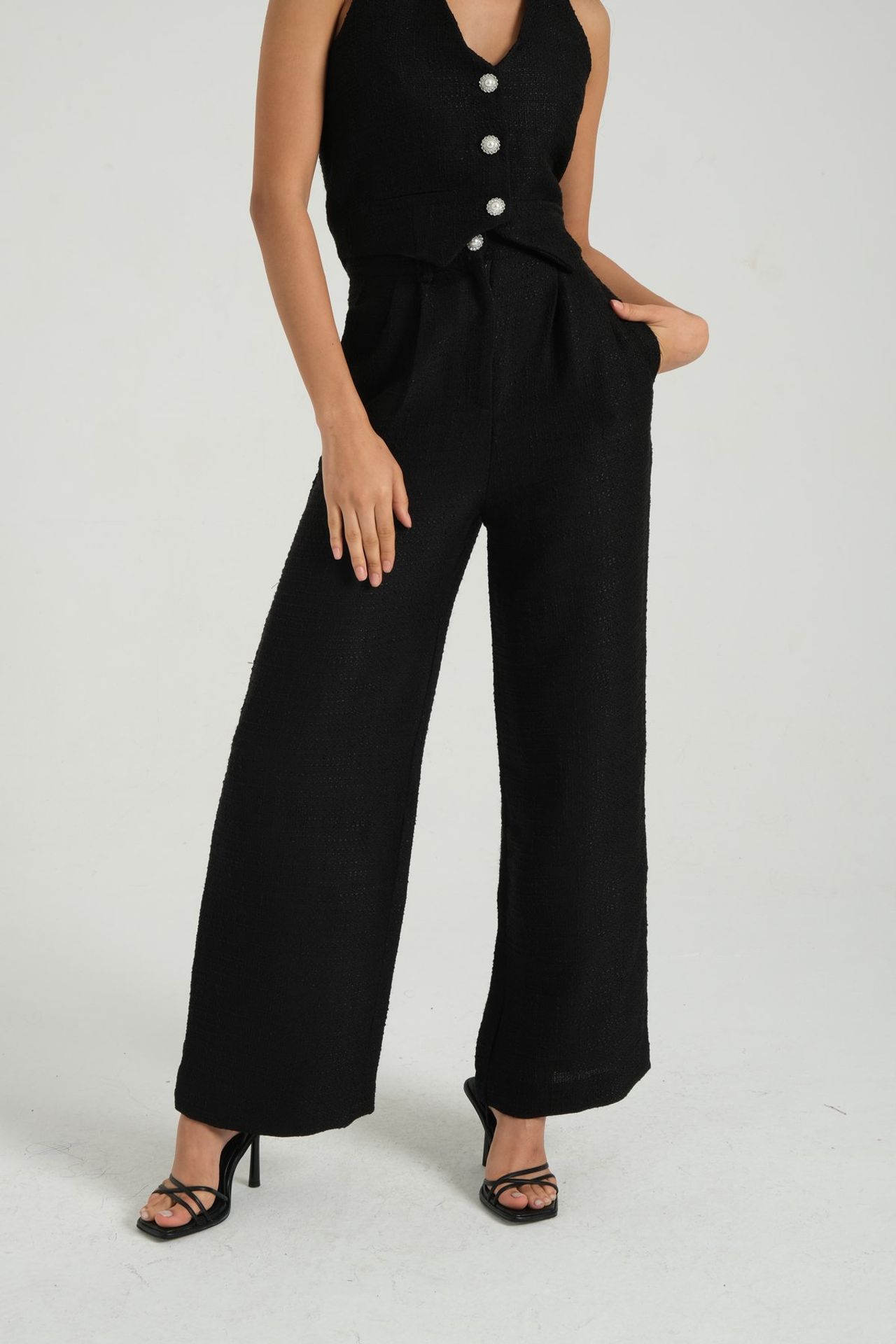 2 Pieces: V Neck Tweed Buttoned Waistcoat & High Waist Wide Leg Trousers