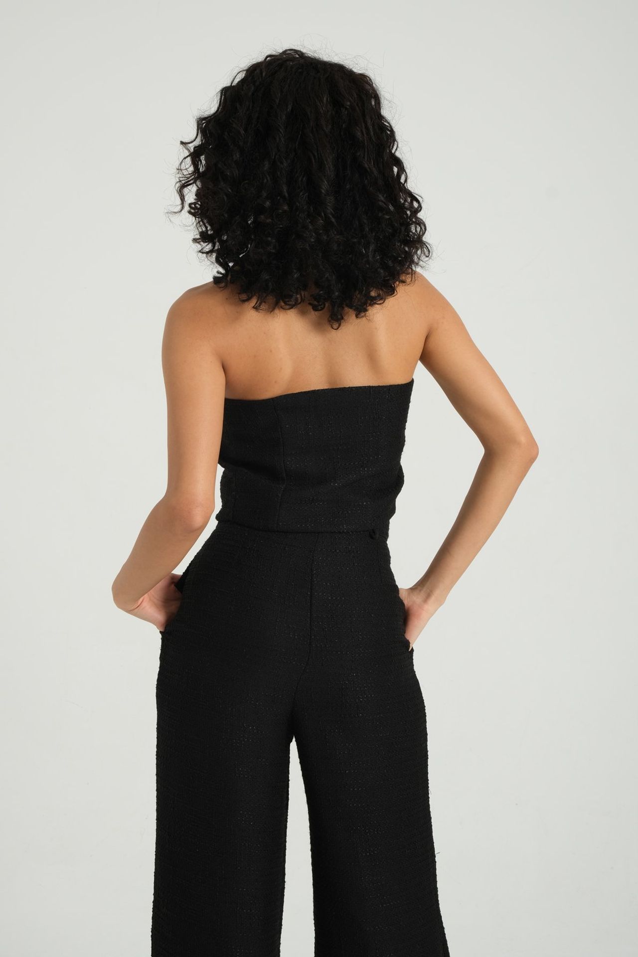 2 Pieces: V Neck Tweed Buttoned Waistcoat & High Waist Wide Leg Trousers