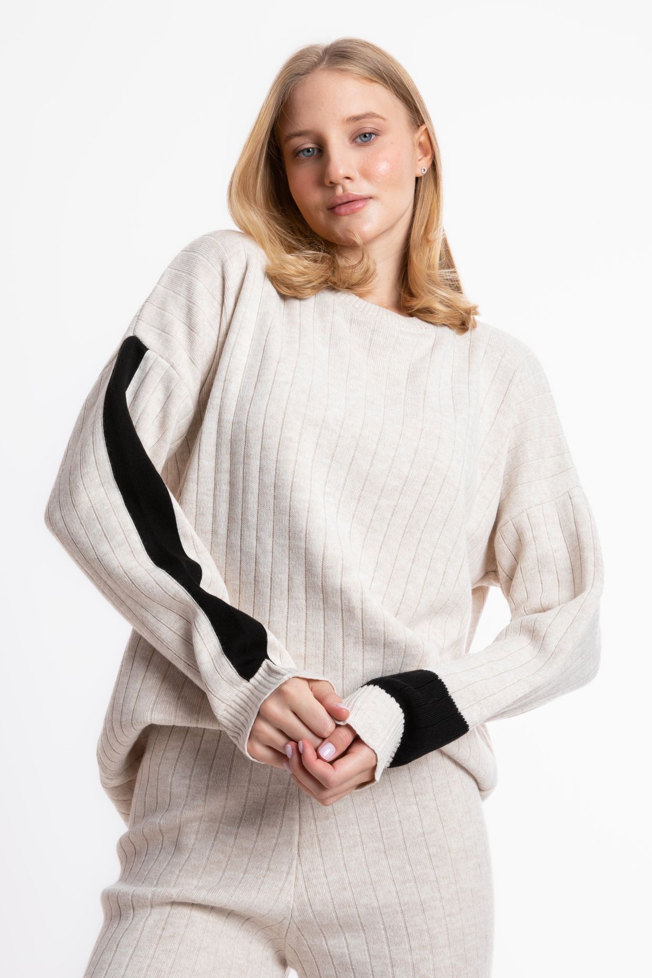 2 Pieces: Crew Neck Knitted Sweater & High Waist Straight Leg Trousers