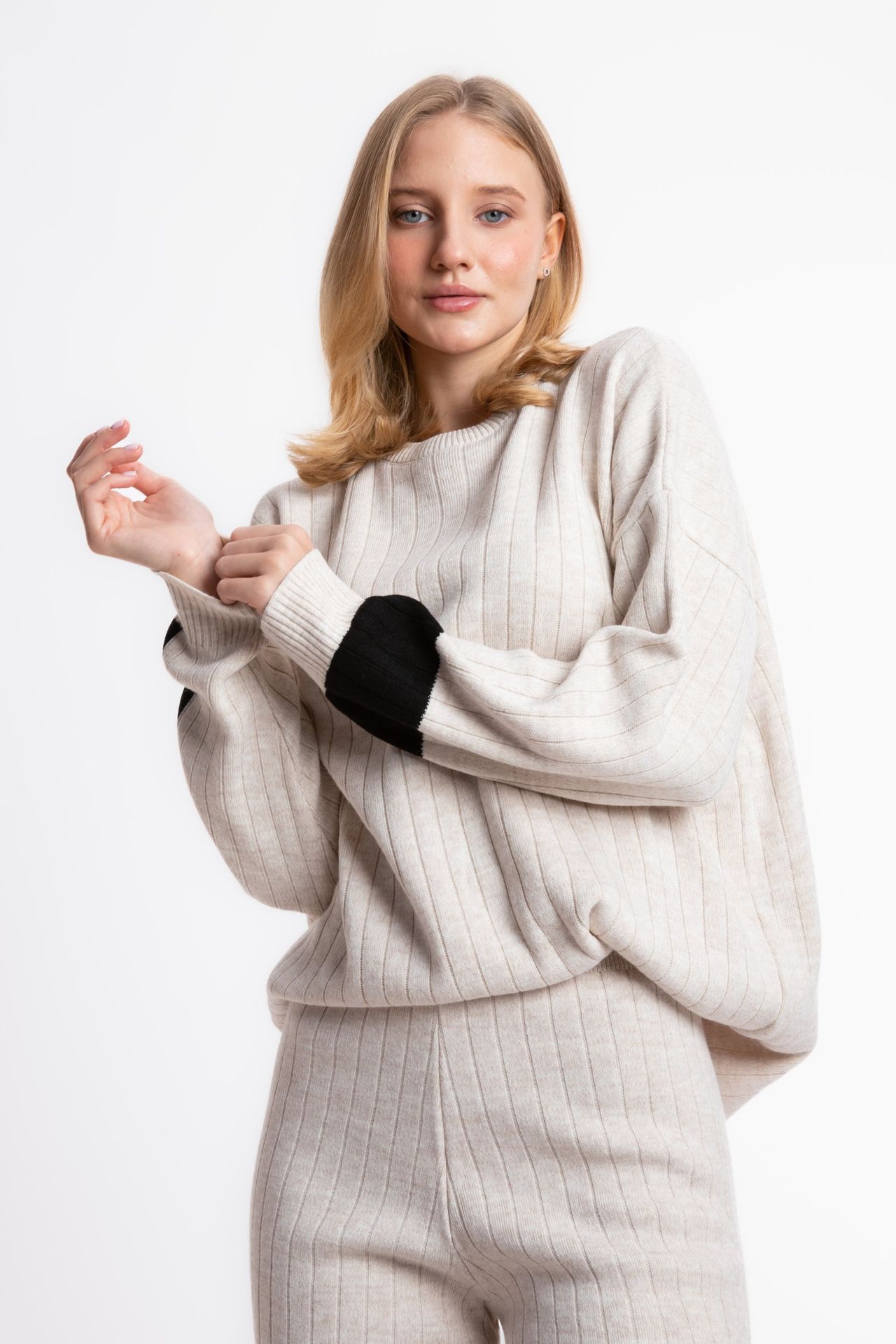 2 Pieces: Crew Neck Knitted Sweater & High Waist Straight Leg Trousers