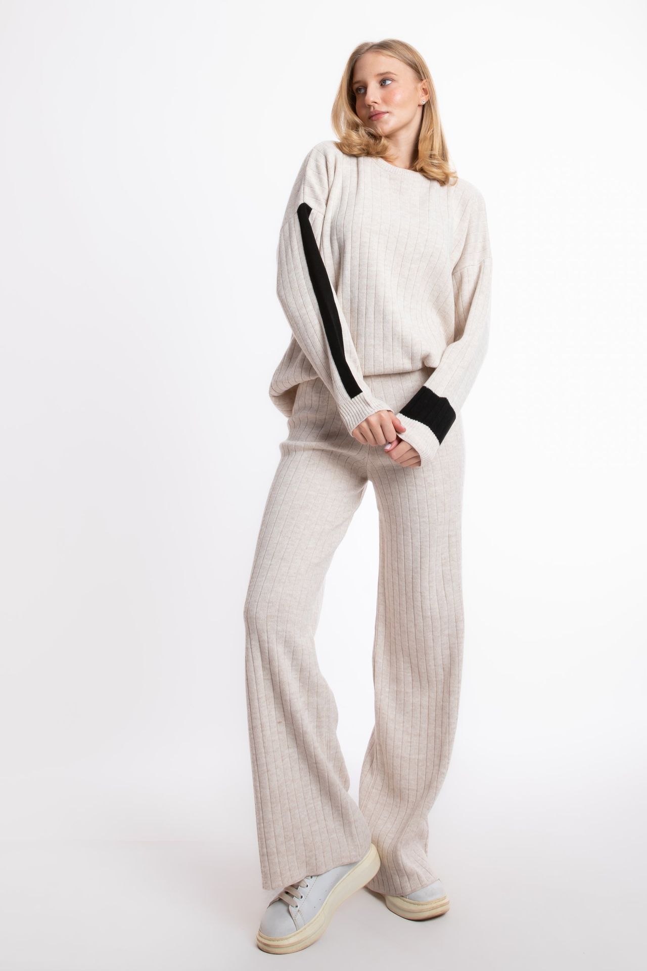 2 Pieces: Crew Neck Knitted Sweater & High Waist Straight Leg Trousers