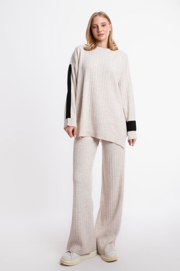 2 Pieces: Crew Neck Knitted Sweater & High Waist Straight Leg Trousers 4