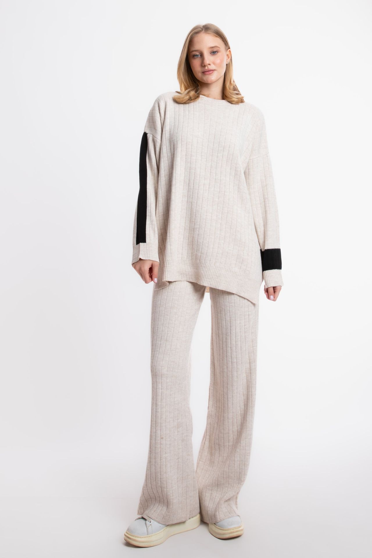 2 Pieces: Crew Neck Knitted Sweater & High Waist Straight Leg Trousers