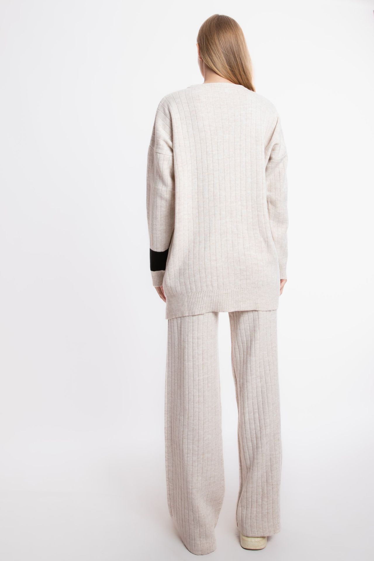 2 Pieces: Crew Neck Knitted Sweater & High Waist Straight Leg Trousers