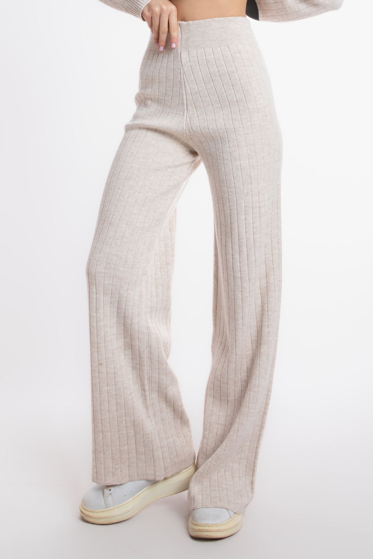2 Pieces: Crew Neck Knitted Sweater & High Waist Straight Leg Trousers