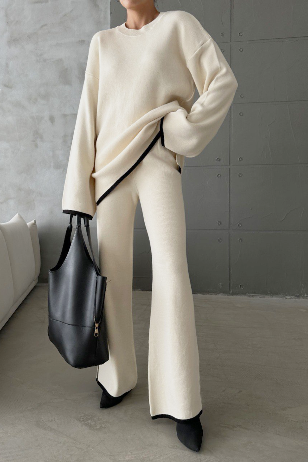 2 Pieces: Crew Neck Knitted Sweater & High Waist Straight Leg Trousers