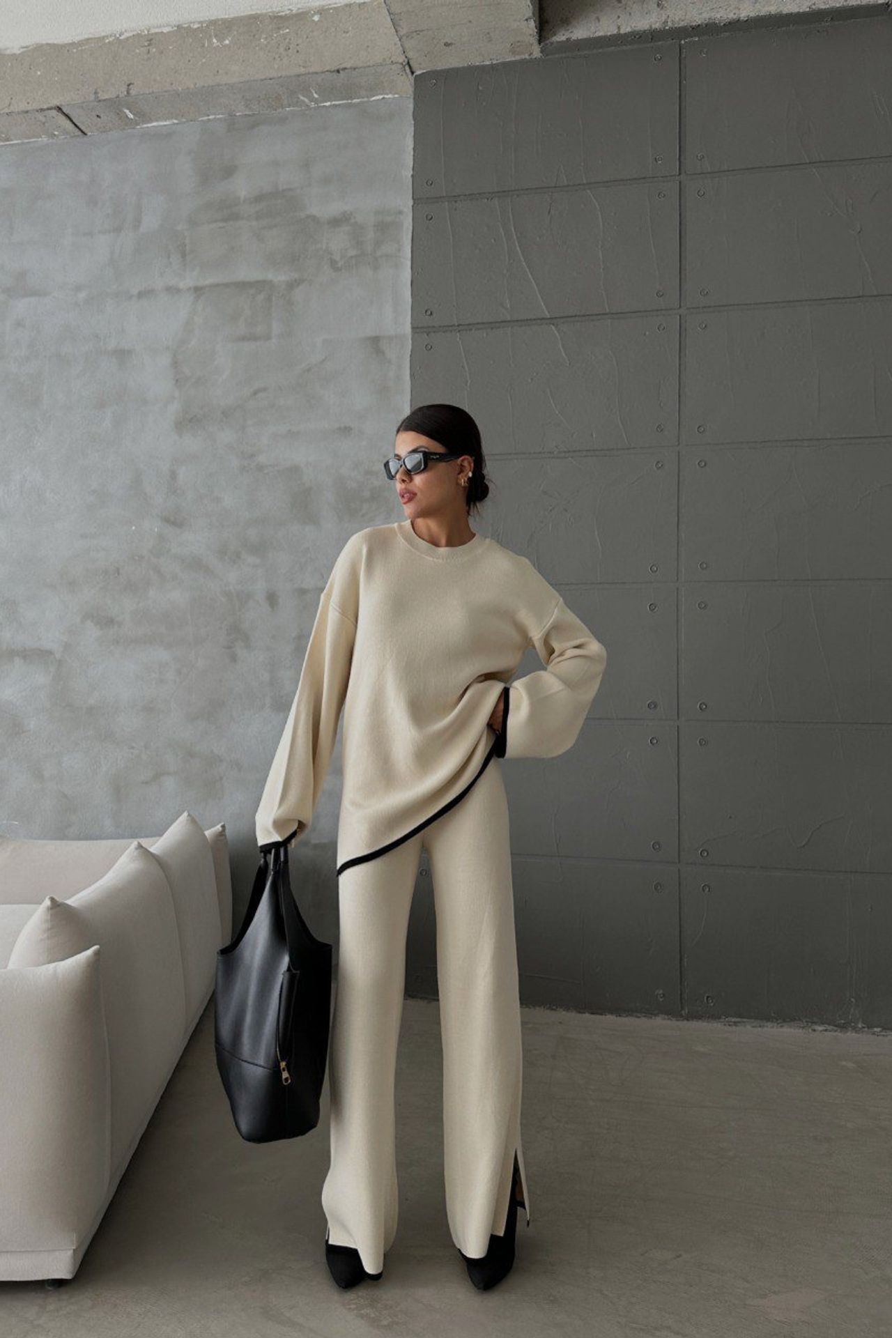 2 Pieces: Crew Neck Knitted Sweater & High Waist Straight Leg Trousers