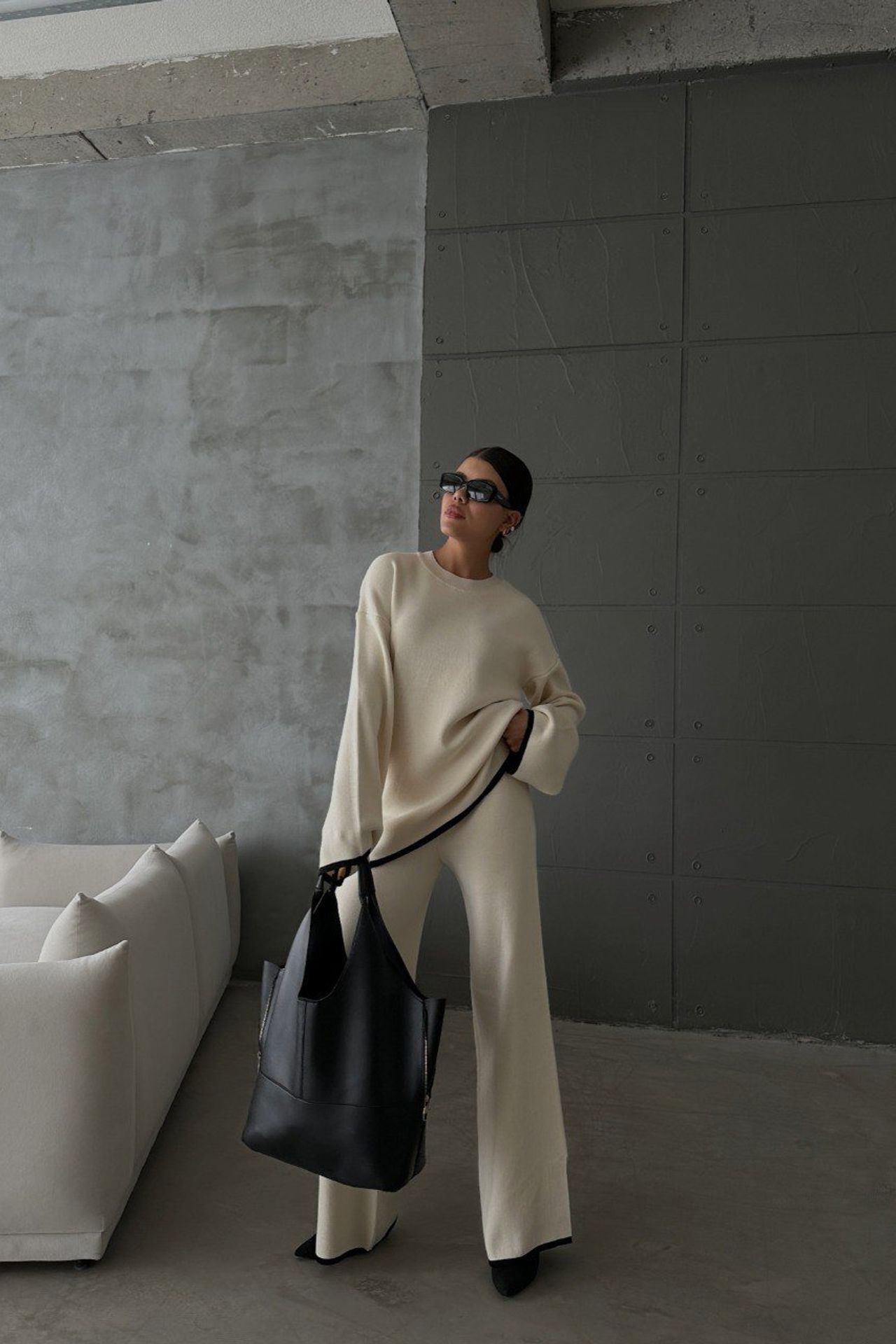 2 Pieces: Crew Neck Knitted Sweater & High Waist Straight Leg Trousers