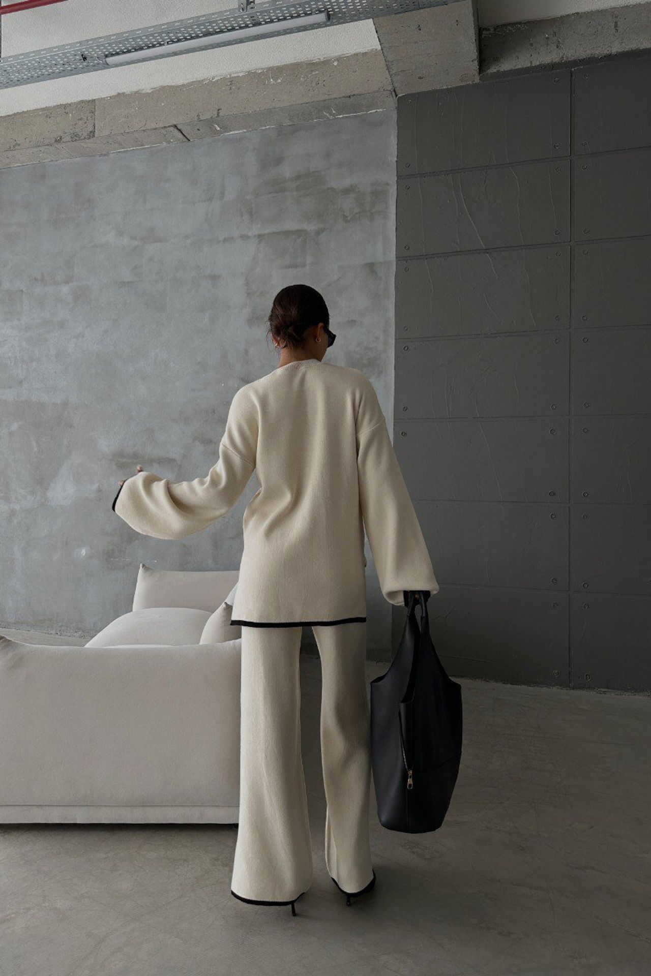 2 Pieces: Crew Neck Knitted Sweater & High Waist Straight Leg Trousers