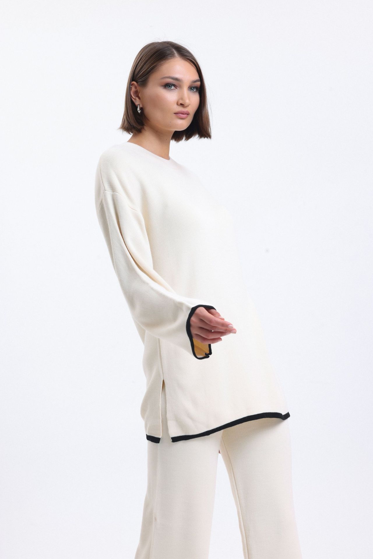 2 Pieces: Crew Neck Knitted Sweater & High Waist Straight Leg Trousers