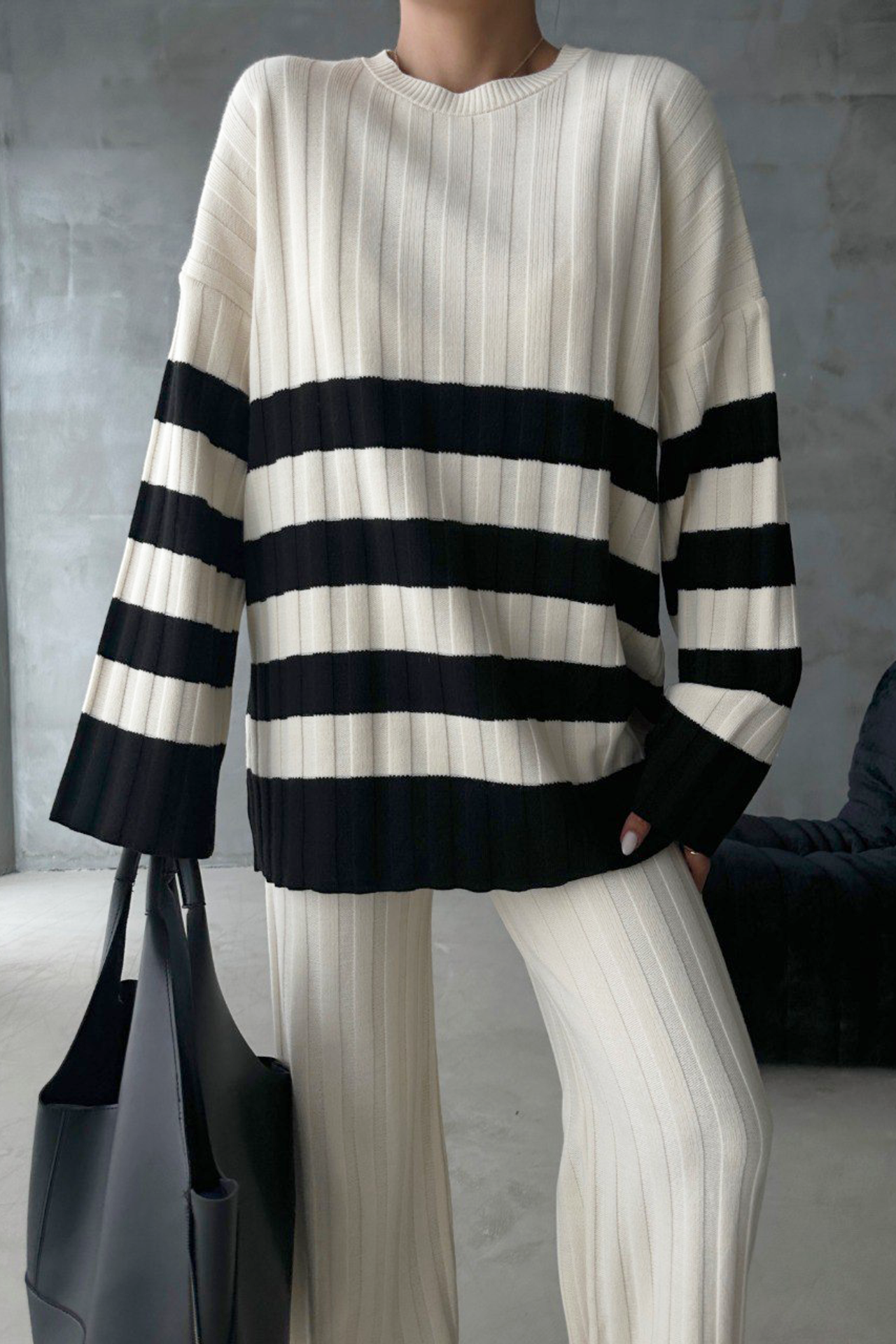 2 Pieces: Striped Round Neck Knitted Ribbed Sweater & High Waist Straight Leg Trousers