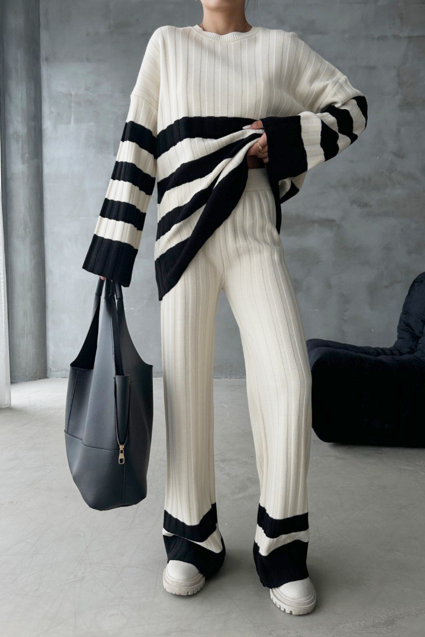 2 Pieces: Striped Round Neck Knitted Ribbed Sweater & High Waist Straight Leg Trousers