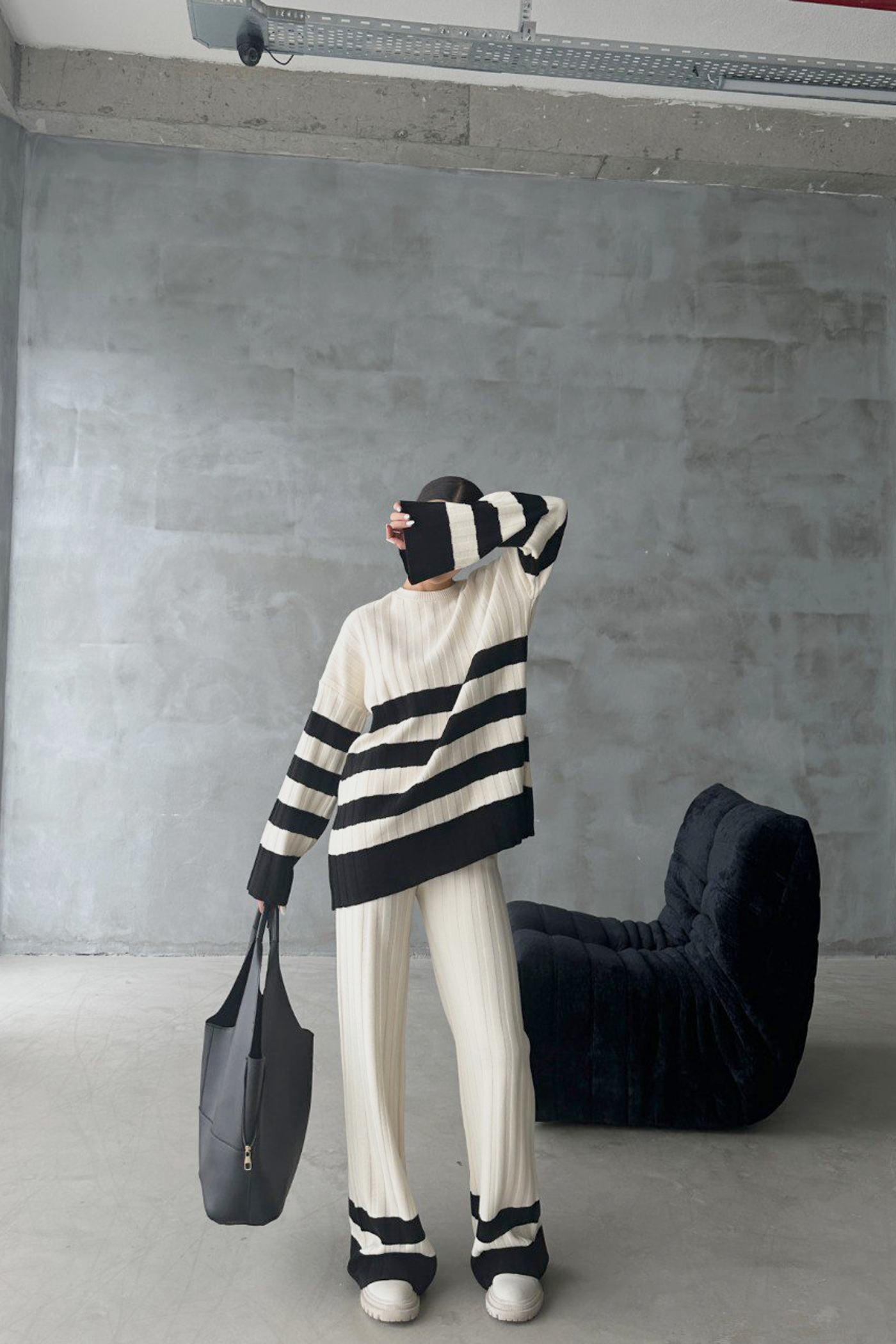 2 Pieces: Striped Round Neck Knitted Ribbed Sweater & High Waist Straight Leg Trousers