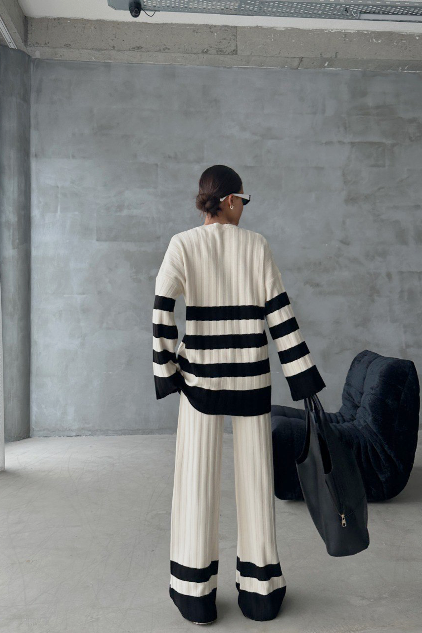 2 Pieces: Striped Round Neck Knitted Ribbed Sweater & High Waist Straight Leg Trousers