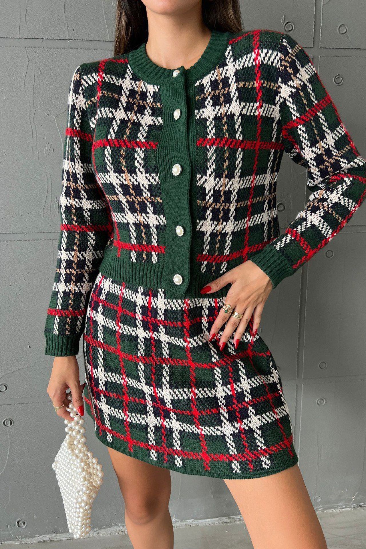 2 Pieces: Checked Round Neck Knitted Buttoned Cardigan & Mid Rise Mini Skirt