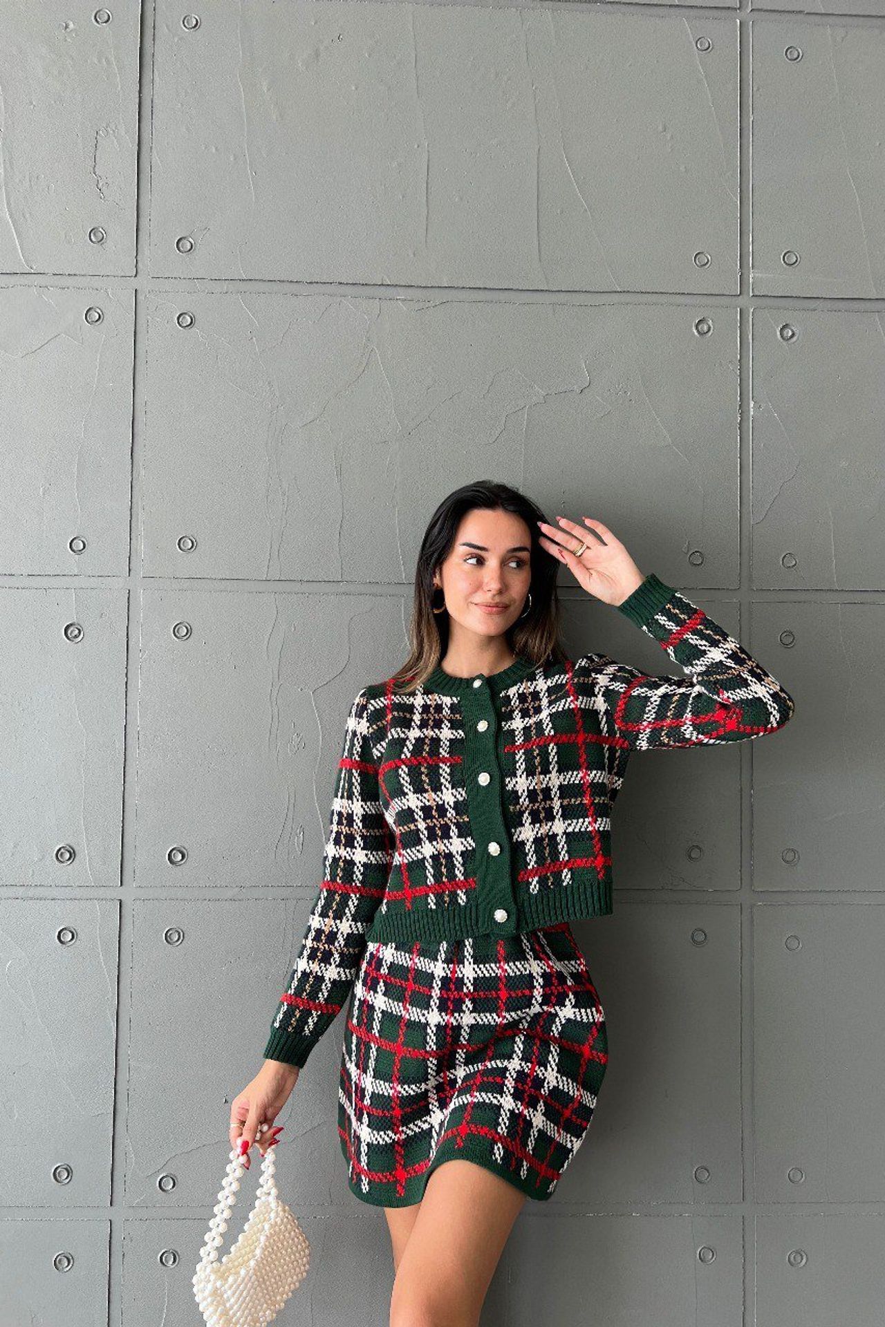 2 Pieces: Checked Round Neck Knitted Buttoned Cardigan & Mid Rise Mini Skirt