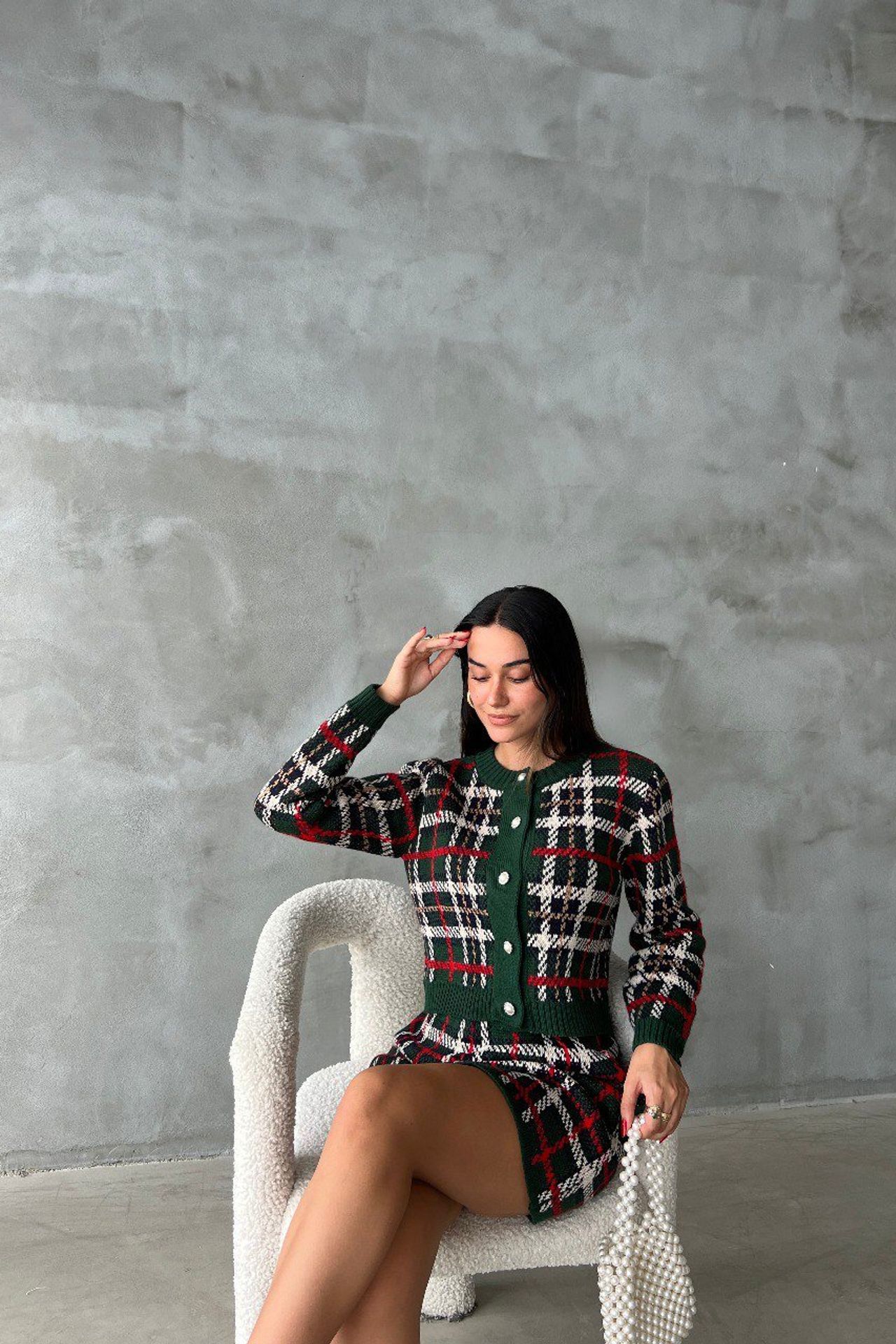 2 Pieces: Checked Round Neck Knitted Buttoned Cardigan & Mid Rise Mini Skirt
