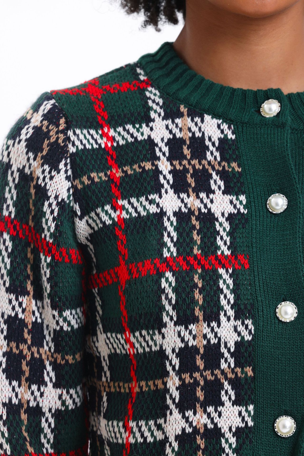 2 Pieces: Checked Round Neck Knitted Buttoned Cardigan & Mid Rise Mini Skirt