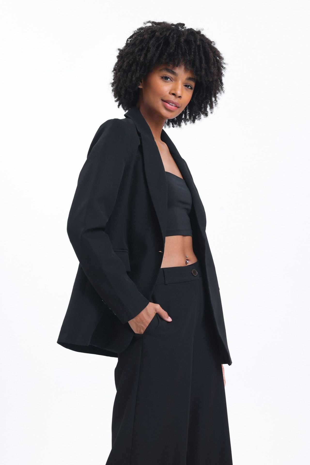 2 Pieces: Collar Pocket Blazer & Mid Rise Wide Leg Trousers