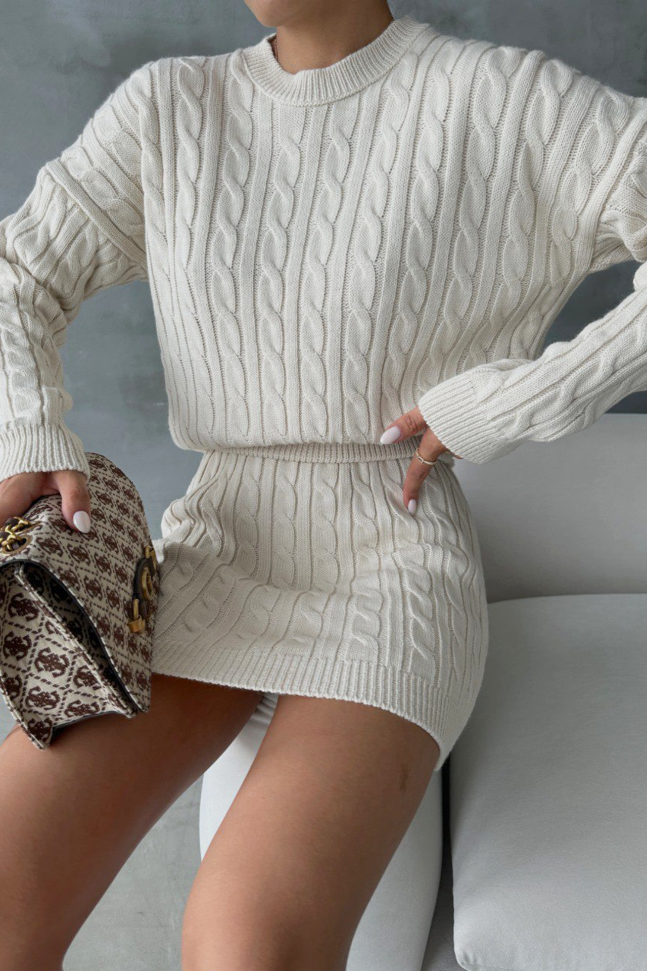 Crew Neck Knitted Sweater & High Waist Mini Skirt 2 Pieces Set