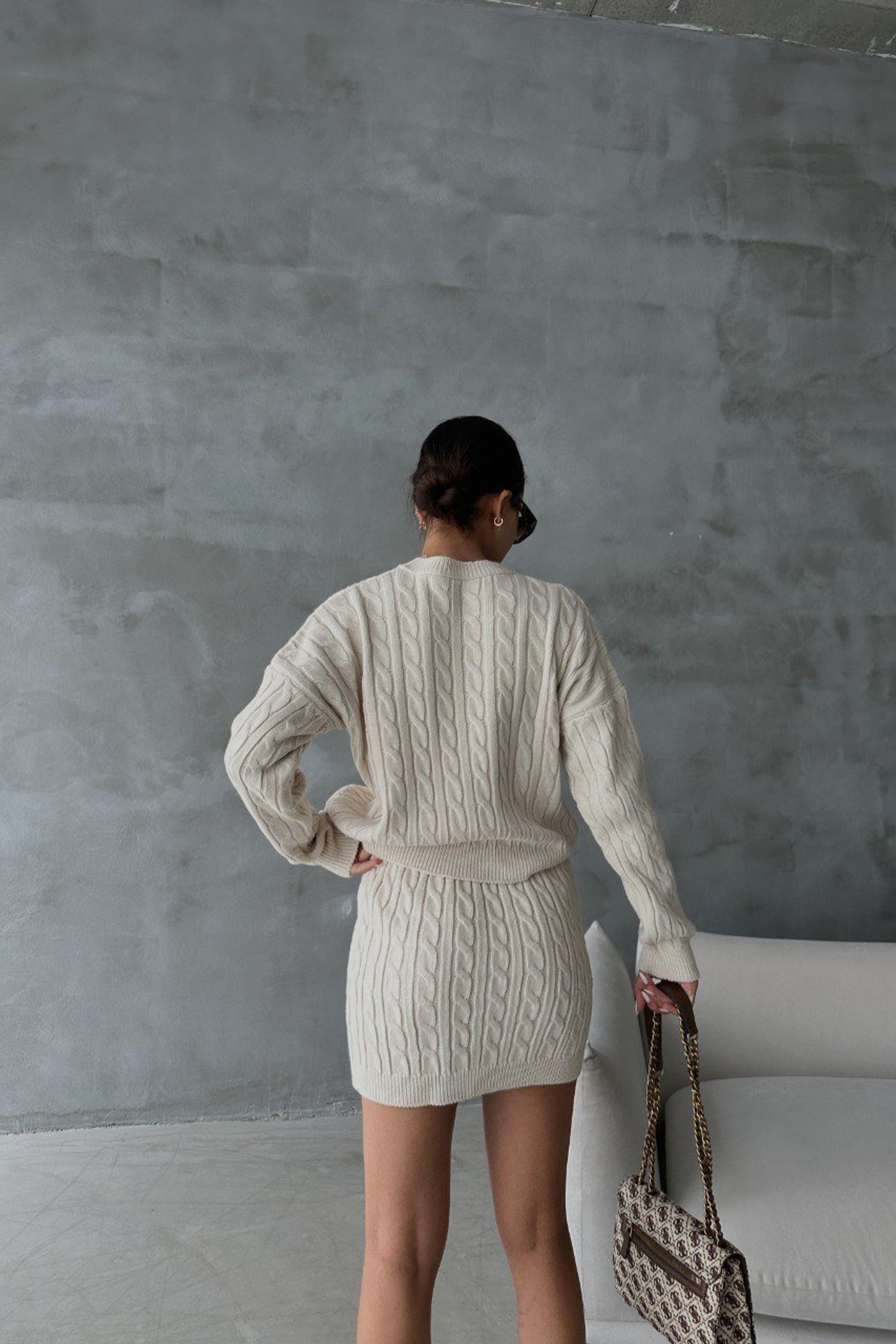 Crew Neck Knitted Sweater & High Waist Mini Skirt 2 Pieces Set