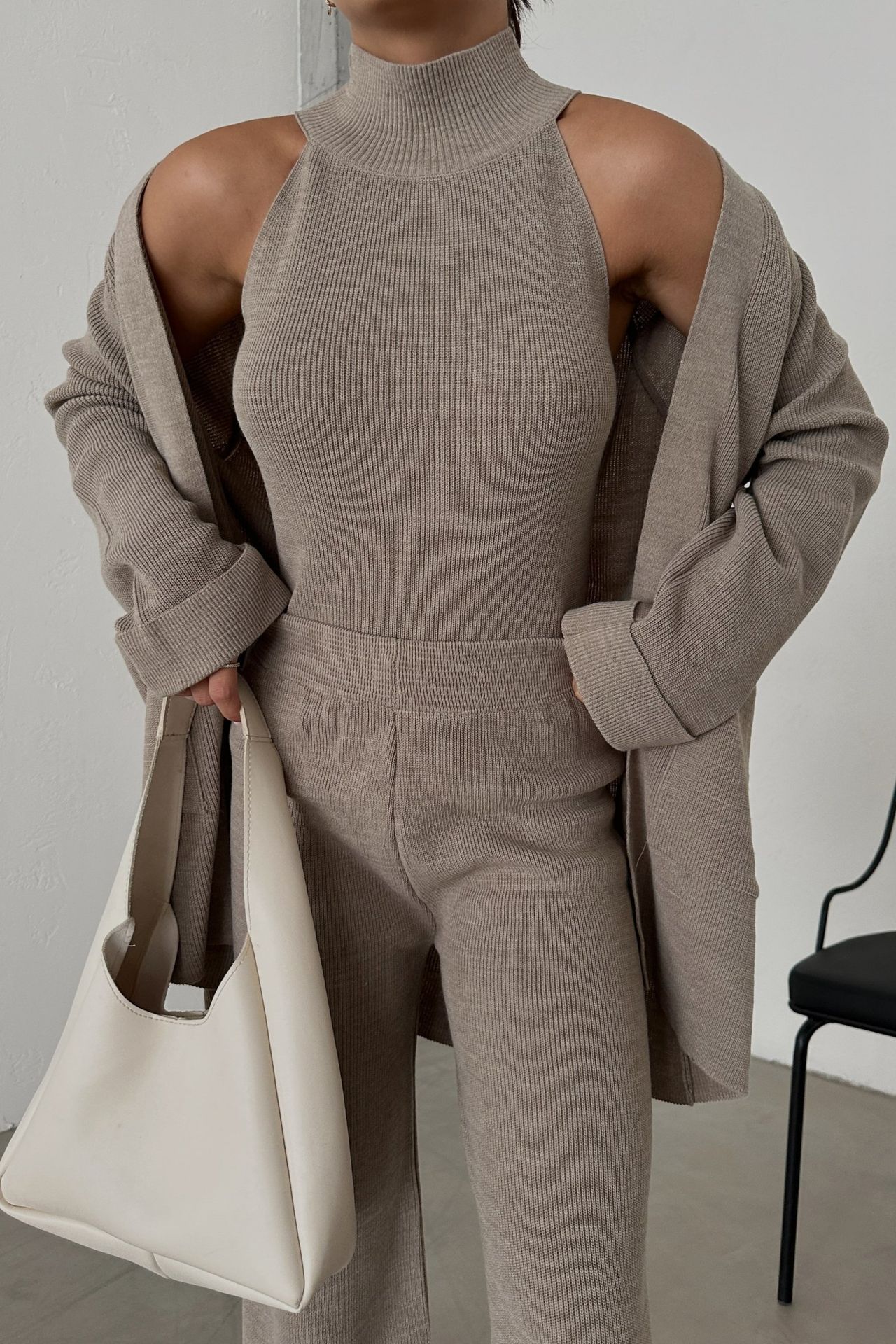 3 Pieces: Knitted Pocket Oversized Cardigan & High Neck Sleeveless Top & High Waist Straight Leg Trousers