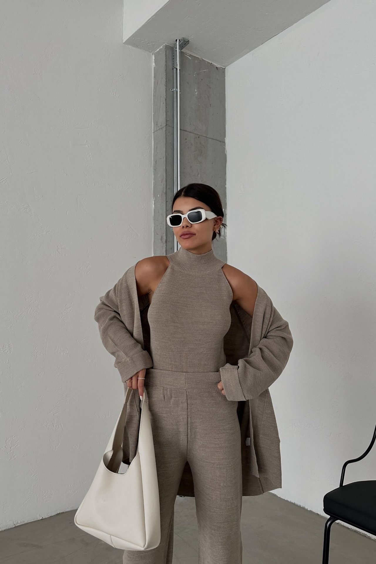 3 Pieces: Knitted Pocket Oversized Cardigan & High Neck Sleeveless Top & High Waist Straight Leg Trousers