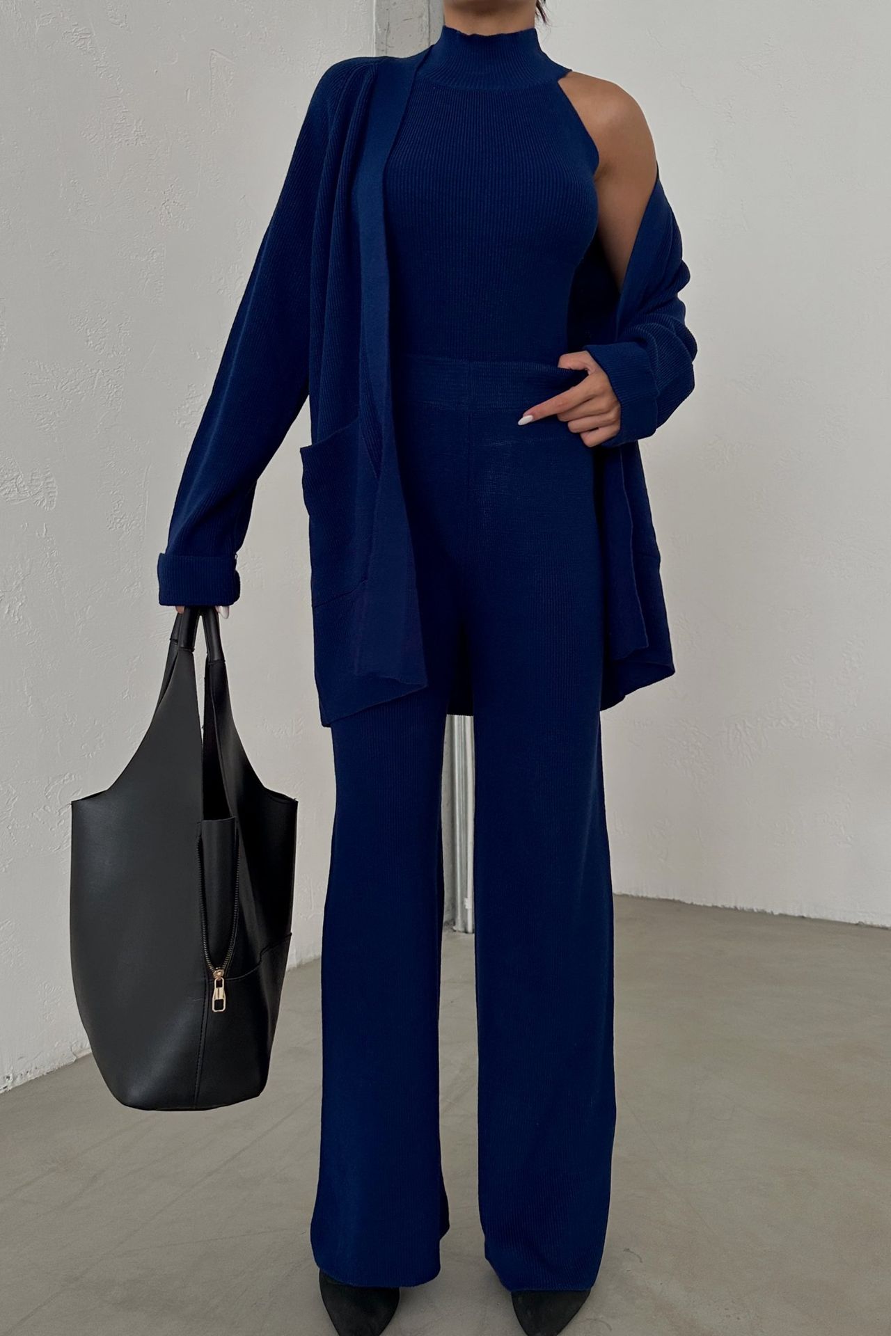 3 Pieces: Knitted Pocket Oversized Cardigan & High Neck Sleeveless Top & High Waist Straight Leg Trousers
