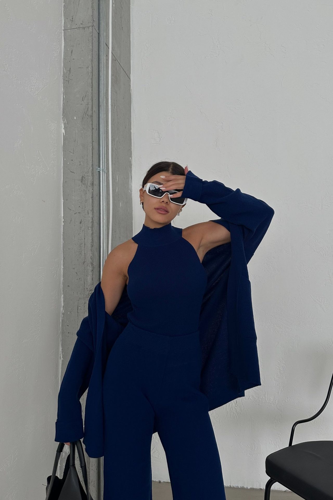 3 Pieces: Knitted Pocket Oversized Cardigan & High Neck Sleeveless Top & High Waist Straight Leg Trousers