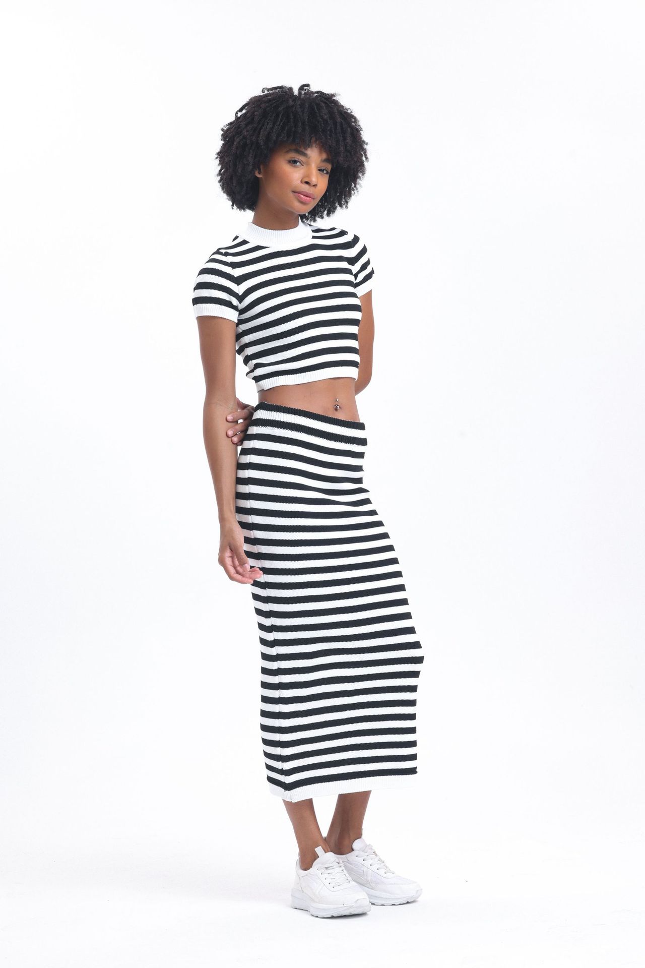 2 Pieces: Striped Crew Neck Knitted Short Sleeve Crop Top & Mid Rise Maxi Skirt