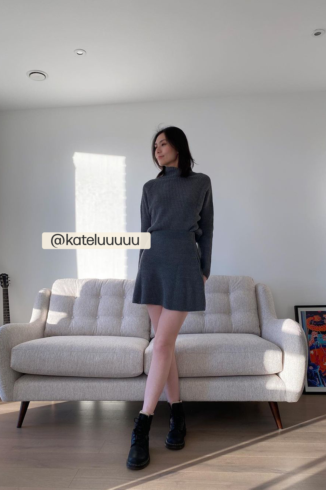 2 Pieces: High Neck Knitted Sweater & High Waist Skater Skirt