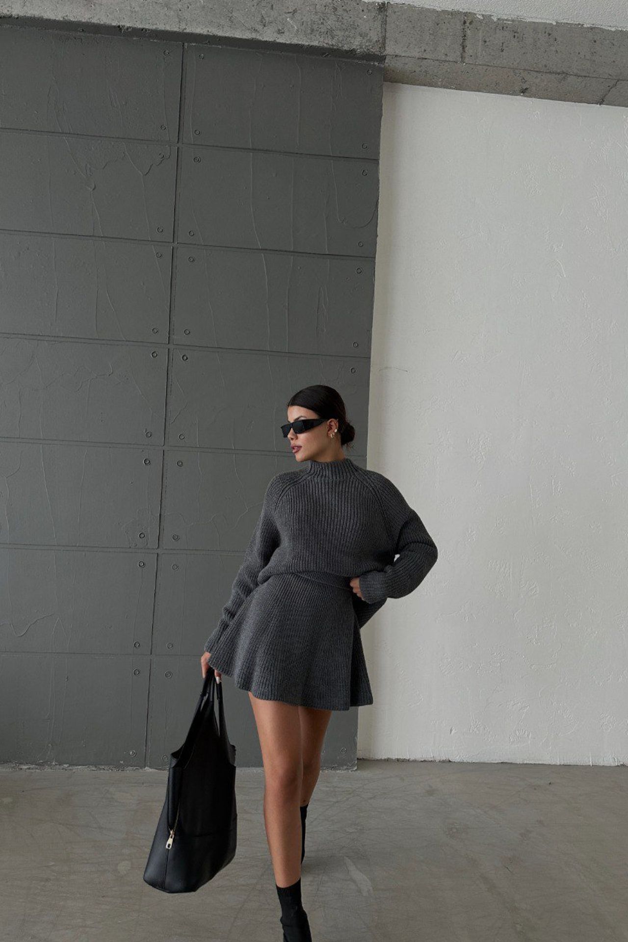 2 Pieces: High Neck Knitted Sweater & High Waist Skater Skirt