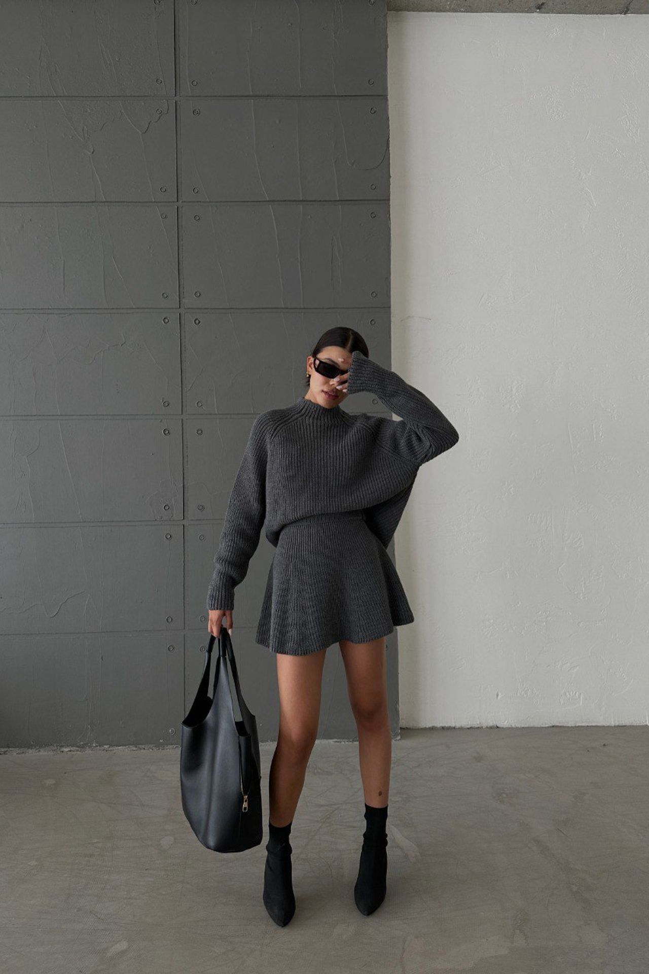 2 Pieces: High Neck Knitted Sweater & High Waist Skater Skirt
