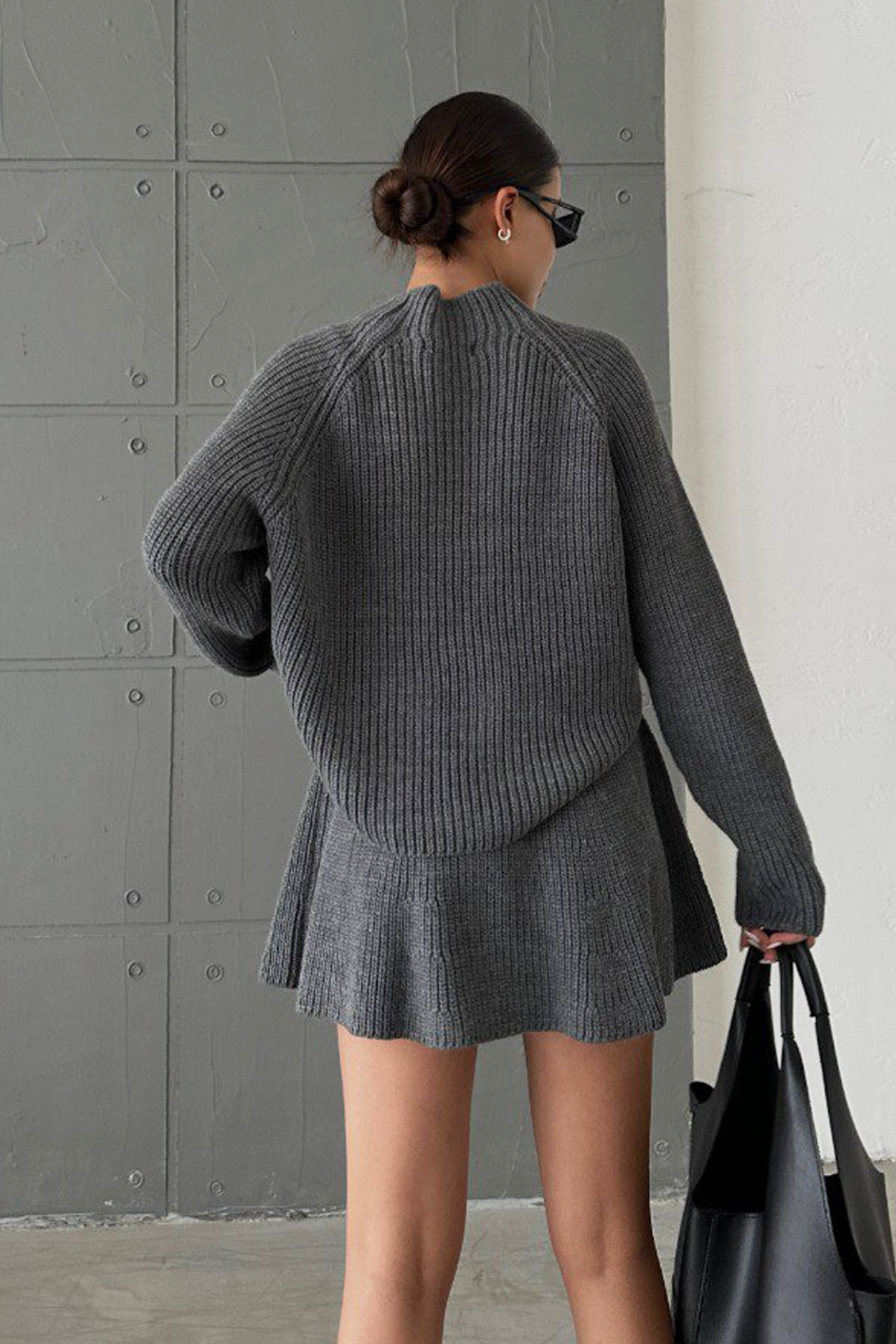 2 Pieces: High Neck Knitted Sweater & High Waist Skater Skirt