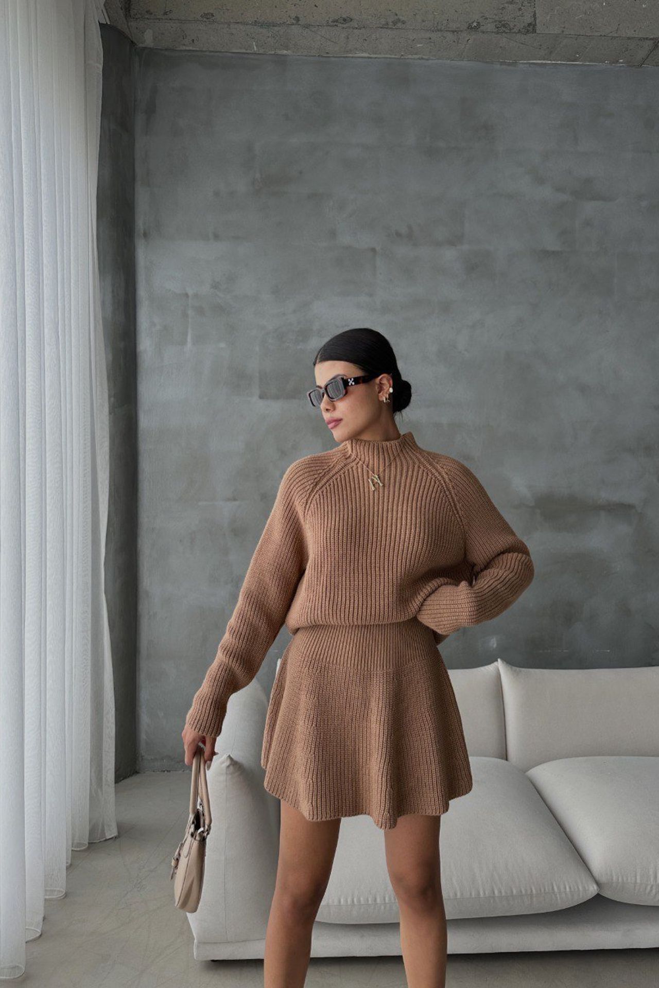 2 Pieces: High Neck Knitted Sweater & High Waist Skater Skirt