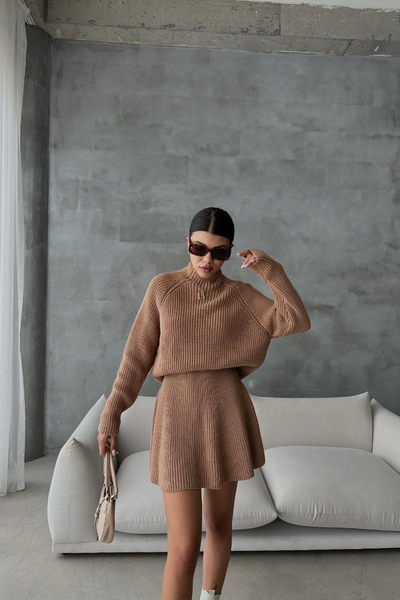 2 Pieces: High Neck Knitted Sweater & High Waist Skater Skirt