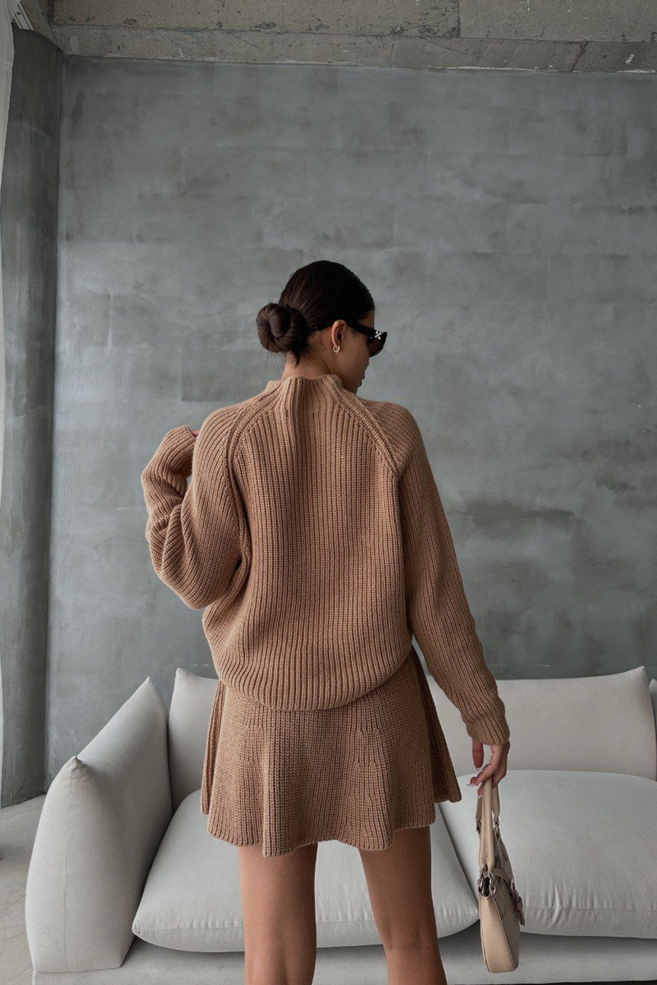 2 Pieces: High Neck Knitted Sweater & High Waist Skater Skirt
