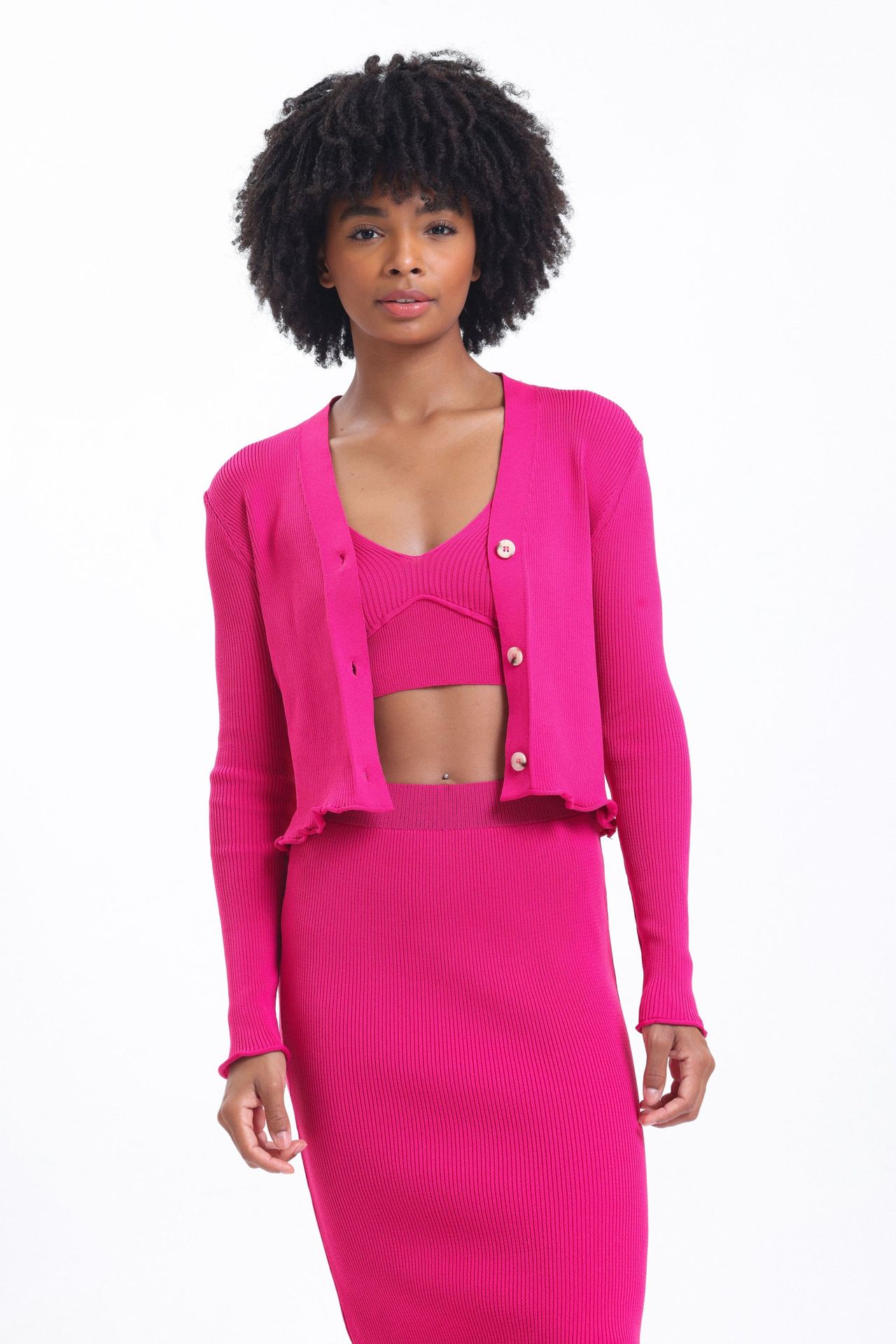 3 Pieces: V Neck Knitted Ribbed Buttoned Cardigan & Scoop Neck Cropped Tank Top & High Waist Slit Maxi Skirt