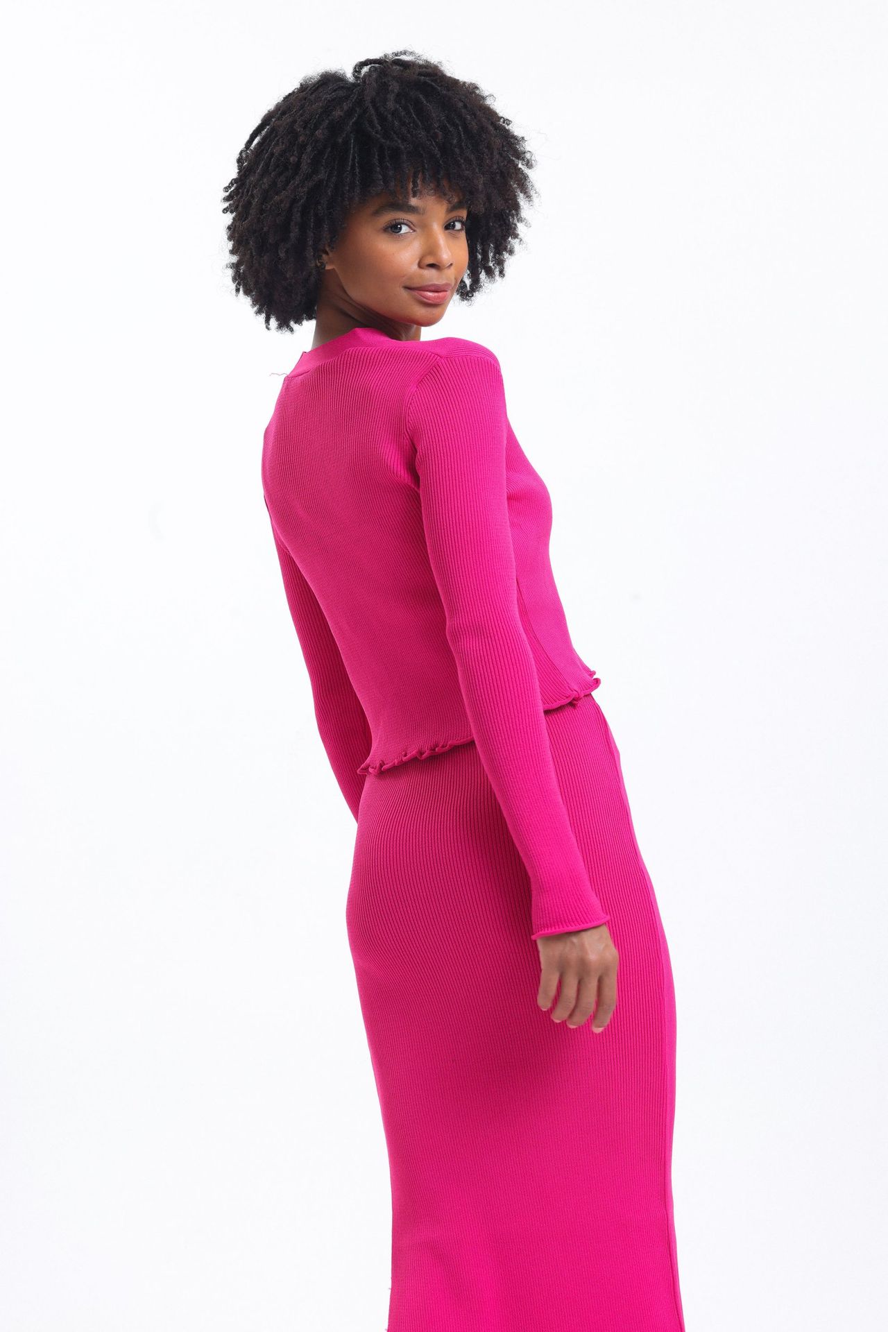 3 Pieces: V Neck Knitted Ribbed Buttoned Cardigan & Scoop Neck Cropped Tank Top & High Waist Slit Maxi Skirt
