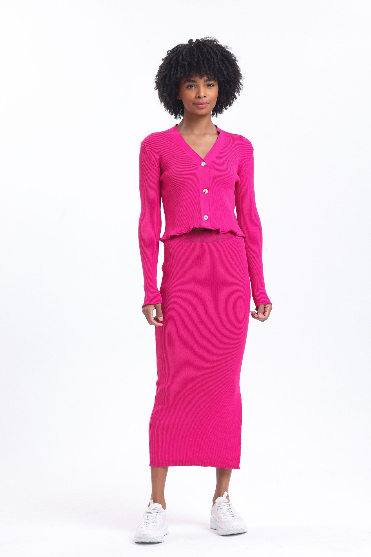 3 Pieces: V Neck Knitted Ribbed Buttoned Cardigan & Scoop Neck Cropped Tank Top & High Waist Slit Maxi Skirt