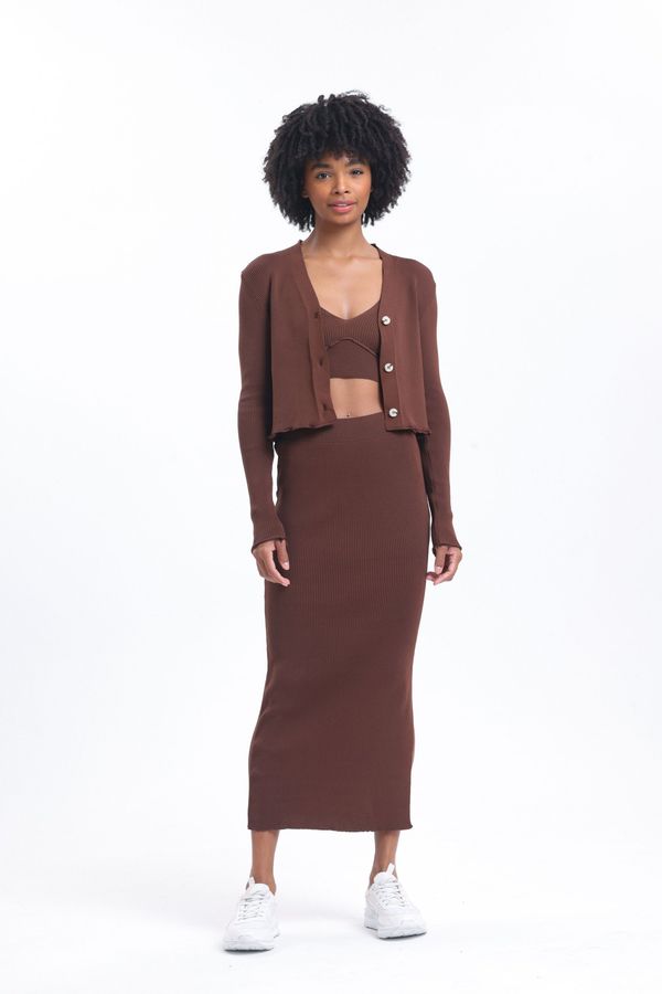 V Neck Cardigan, Cropped Tank Top & High Waist Maxi Skirt Set 4
