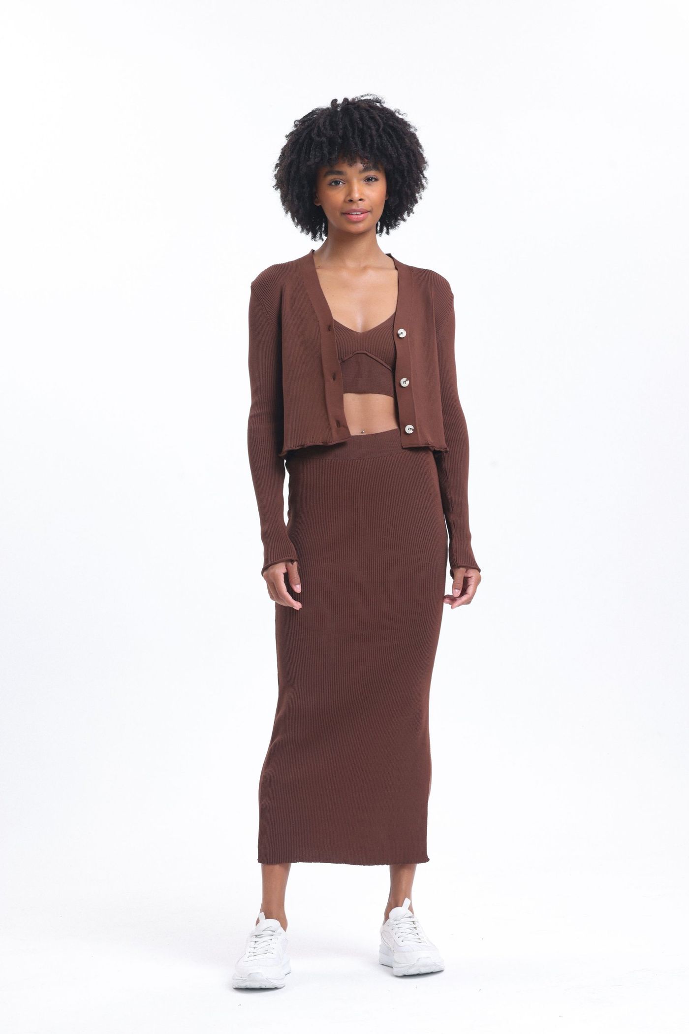 3 Pieces: V Neck Knitted Ribbed Buttoned Cardigan & Scoop Neck Cropped Tank Top & High Waist Slit Maxi Skirt