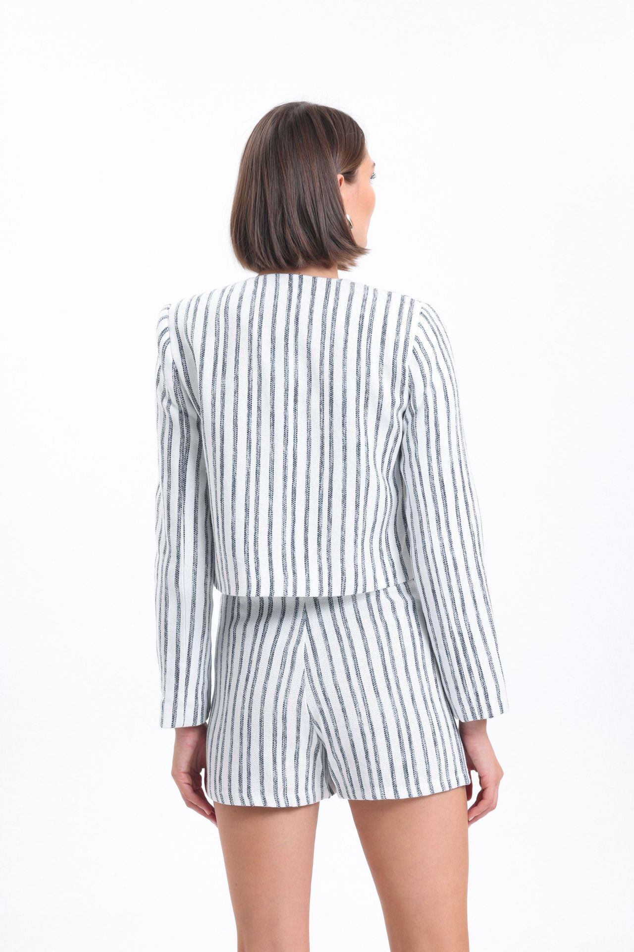 2 Pieces: Striped Round Neck Buttoned Jacket & Mid Rise Mini Short Skirt