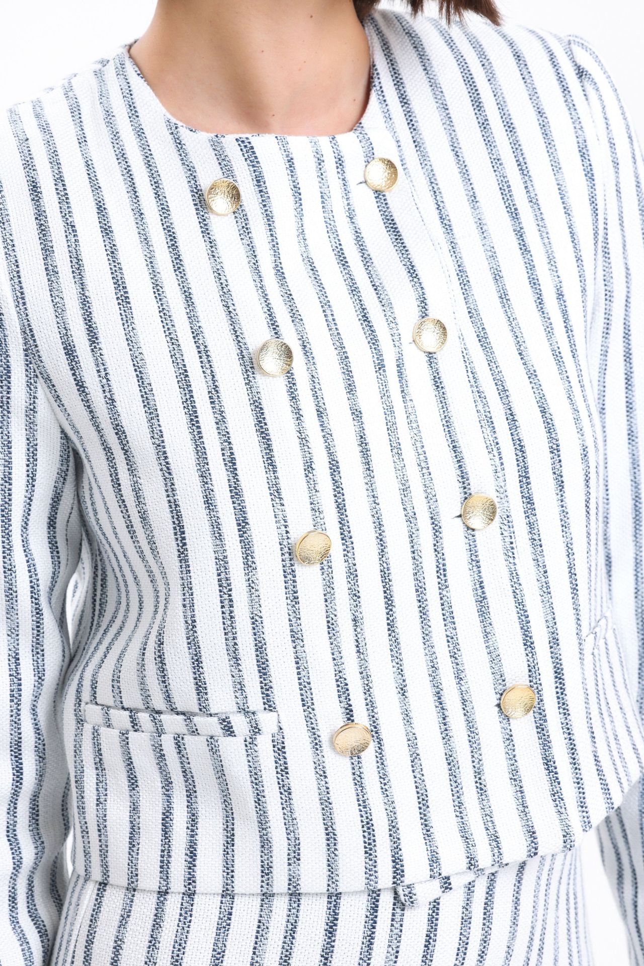 2 Pieces: Striped Round Neck Buttoned Jacket & Mid Rise Mini Short Skirt