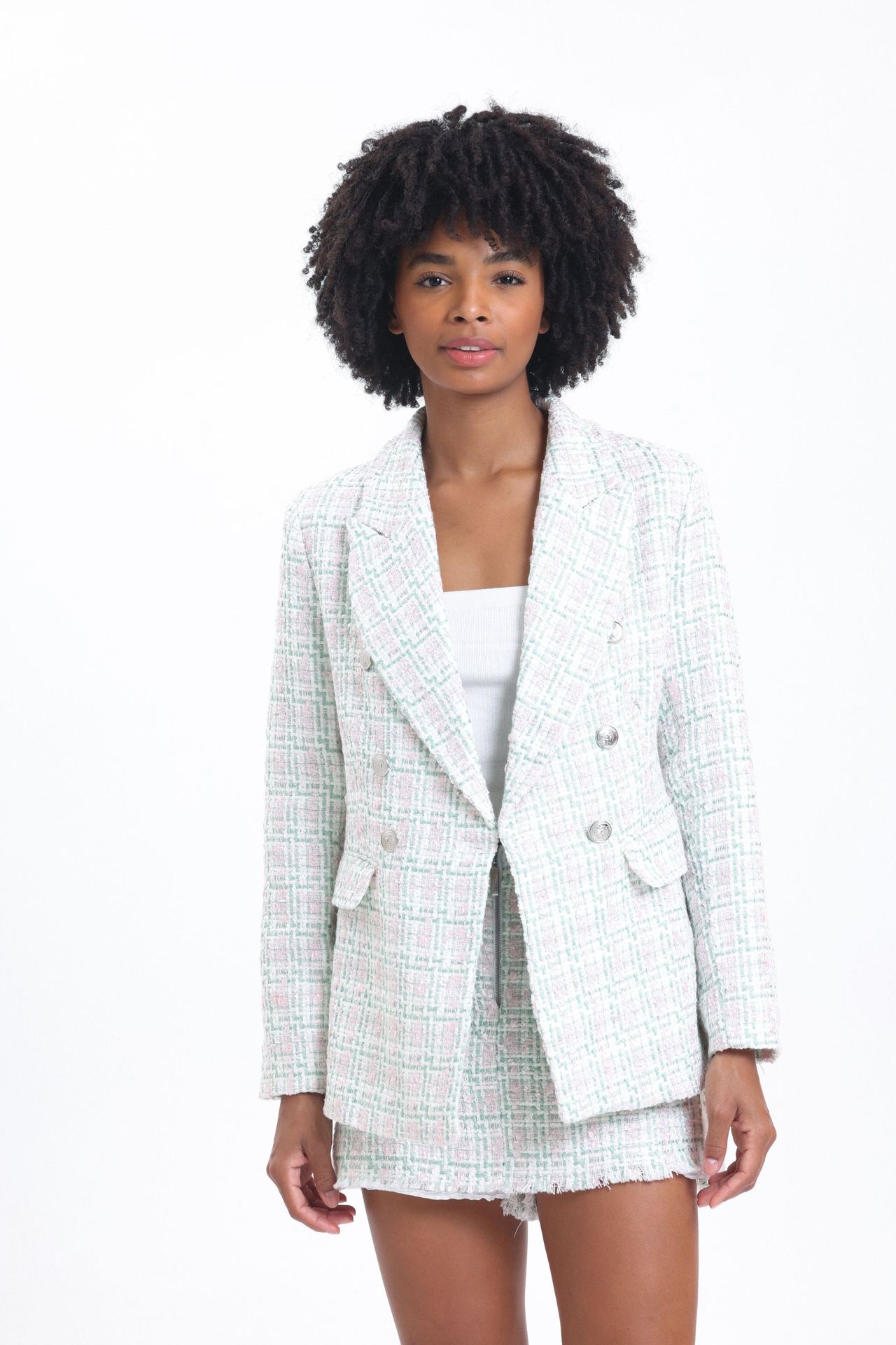 2 Pieces: Checked Collar Tweed Buttoned Blazer & Mid Rise Zippered Pocket Mini Short Skirt