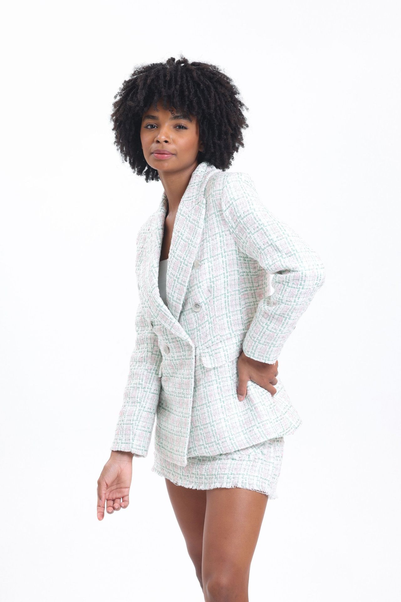 2 Pieces: Checked Collar Tweed Buttoned Blazer & Mid Rise Zippered Pocket Mini Short Skirt