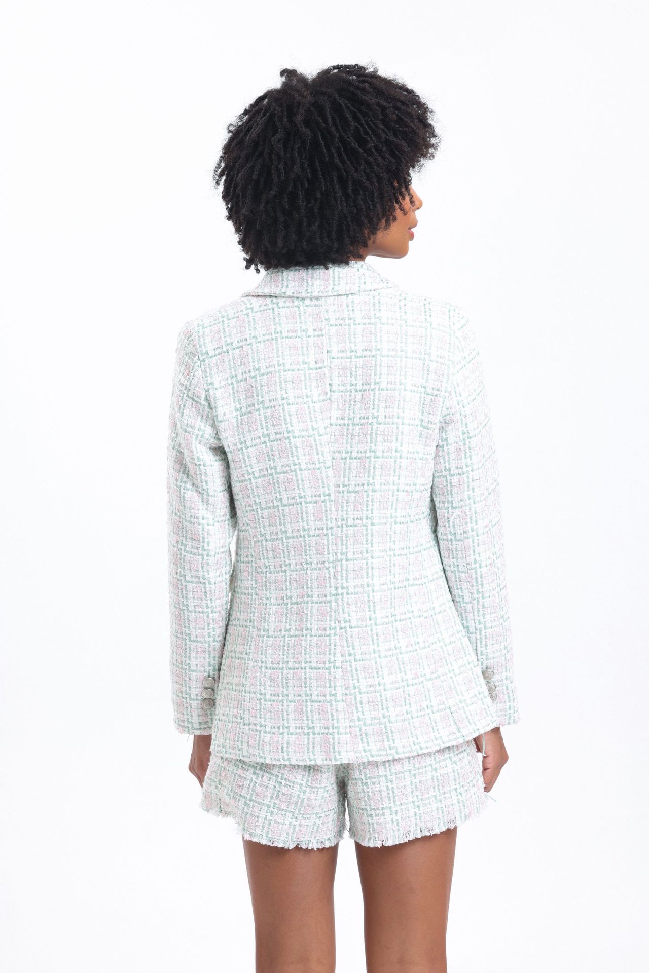 2 Pieces: Checked Collar Tweed Buttoned Blazer & Mid Rise Zippered Pocket Mini Short Skirt