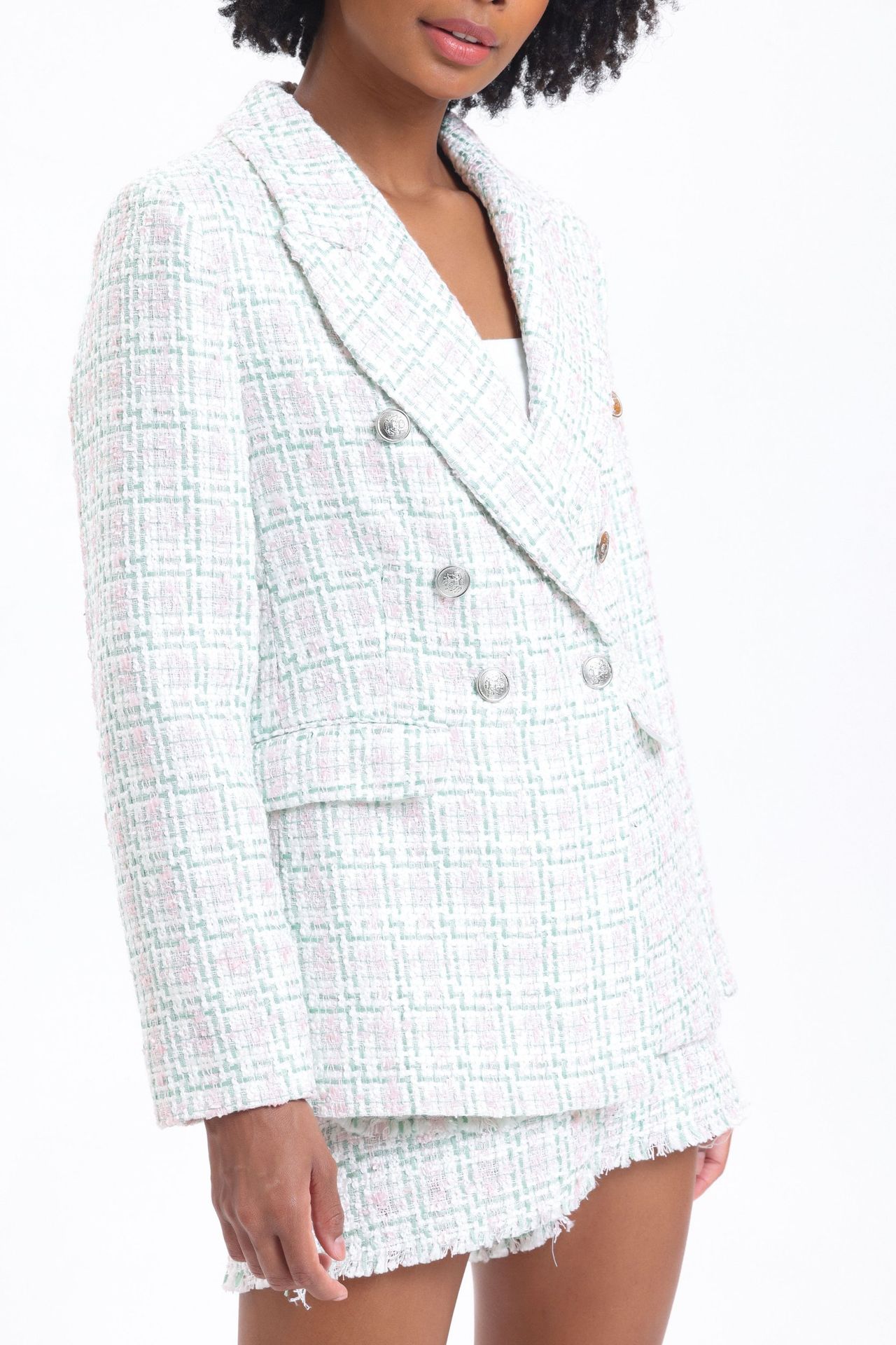 2 Pieces: Checked Collar Tweed Buttoned Blazer & Mid Rise Zippered Pocket Mini Short Skirt