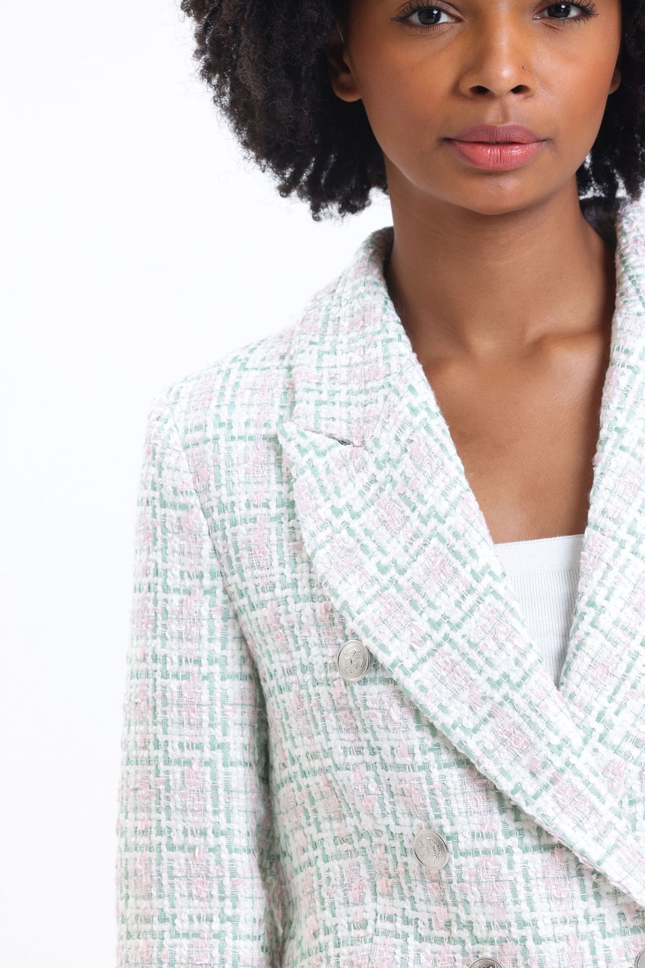 2 Pieces: Checked Collar Tweed Buttoned Blazer & Mid Rise Zippered Pocket Mini Short Skirt